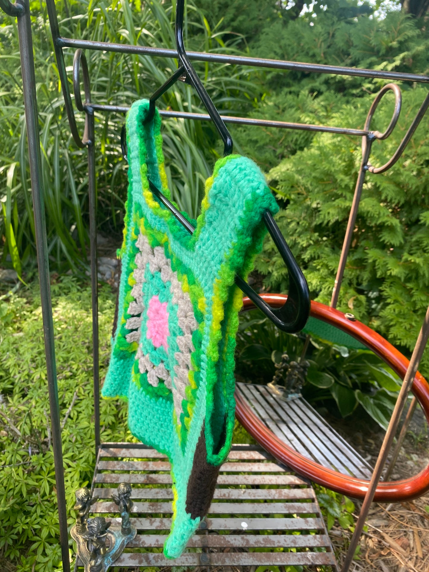 Handmade Crochet Granny Square Tank – Green & Pink Patchwork
