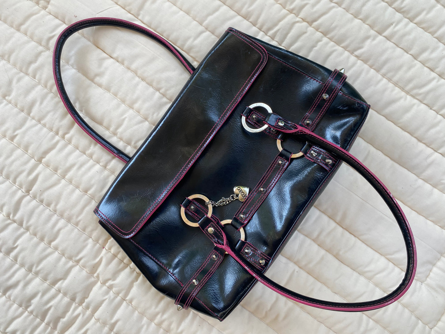 Y2K Coquette Black Tote — Pink Stitching & Heart Charm