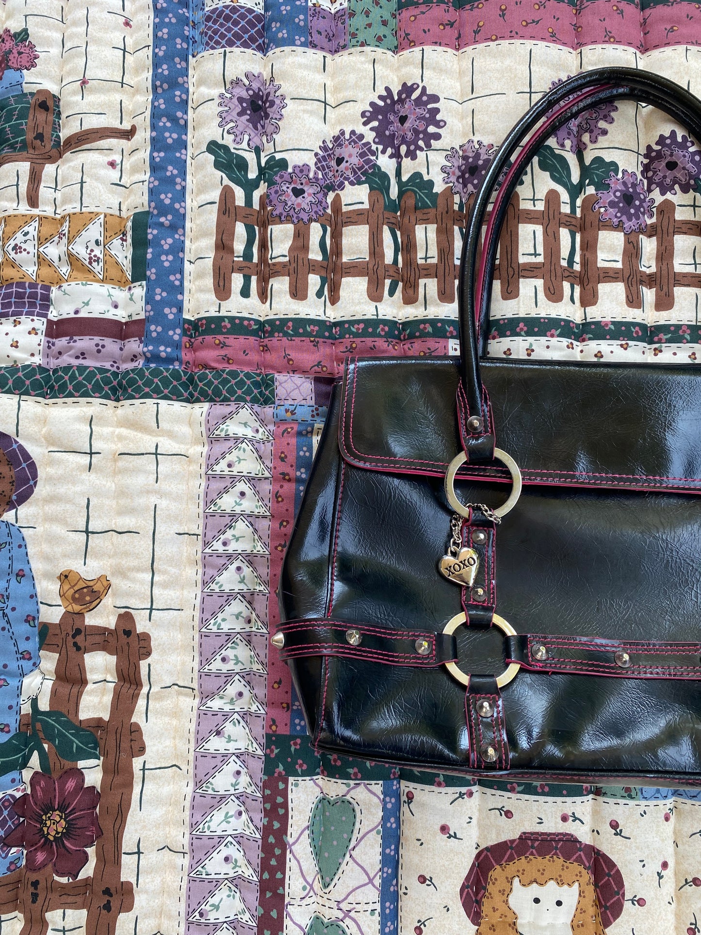 Y2K Coquette Black Tote — Pink Stitching & Heart Charm