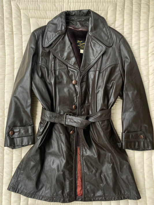 Vintage 1970s Franco Canadian Brown Leather Trench Coat – Size 36