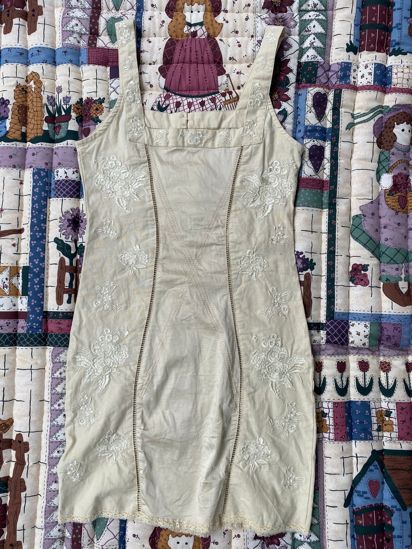 Beige Floral Embroidered Mini Dress