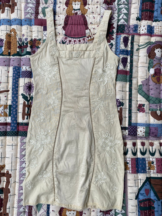 Beige Floral Embroidered Mini Dress