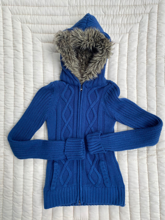 Y2K Blue Knit Sweater Jacket w/ Faux Fur Hood – Twilight Bella Swan Vibes