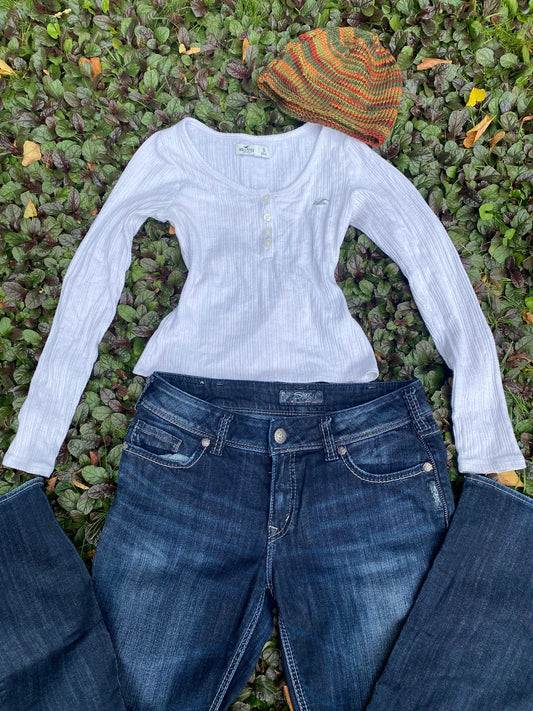 Vintage Hollister White Button Front Top | 2000s Ribbed Long Sleeve