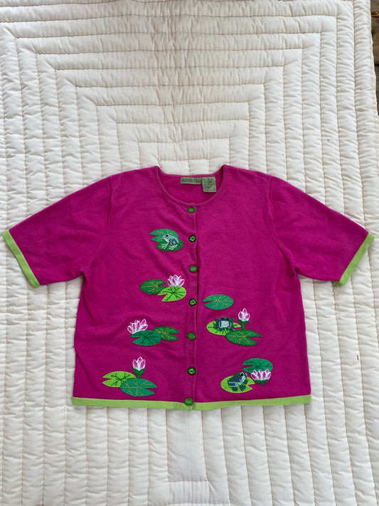 Whimsical Lily Pad & Frog Cardigan — Cottagecore Vintage Knit
