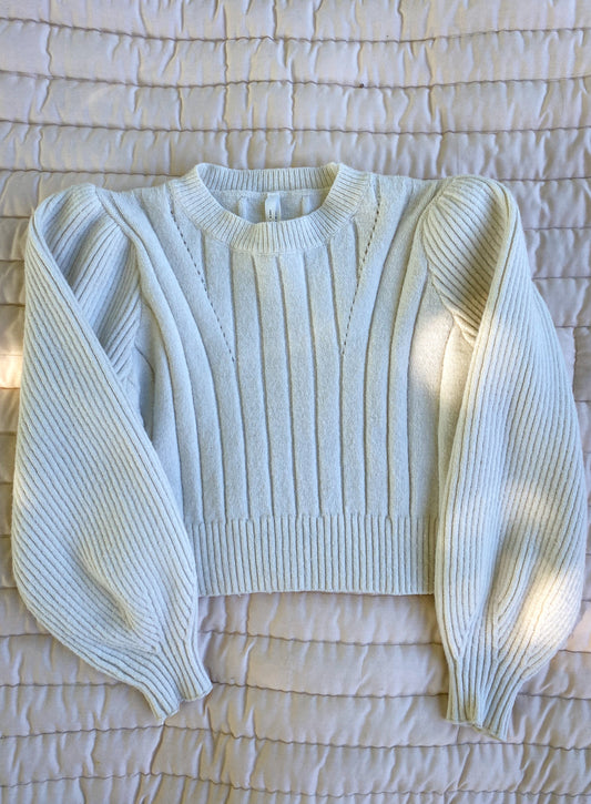 Soft Cream Ribbed Puff Sleeve Sweater – Size M
