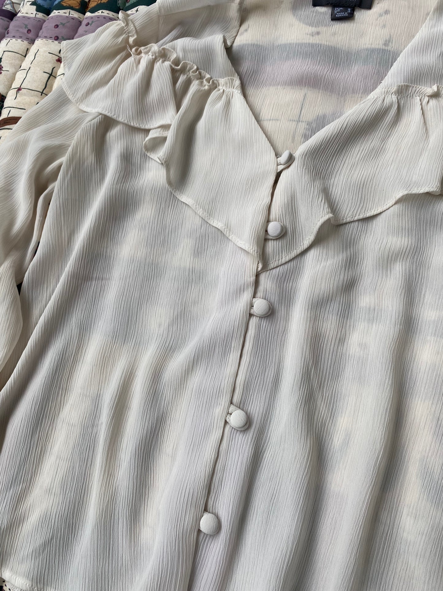 Romantic Cream Ruffle Blouse – Sheer Vintage-Inspired Button-Up