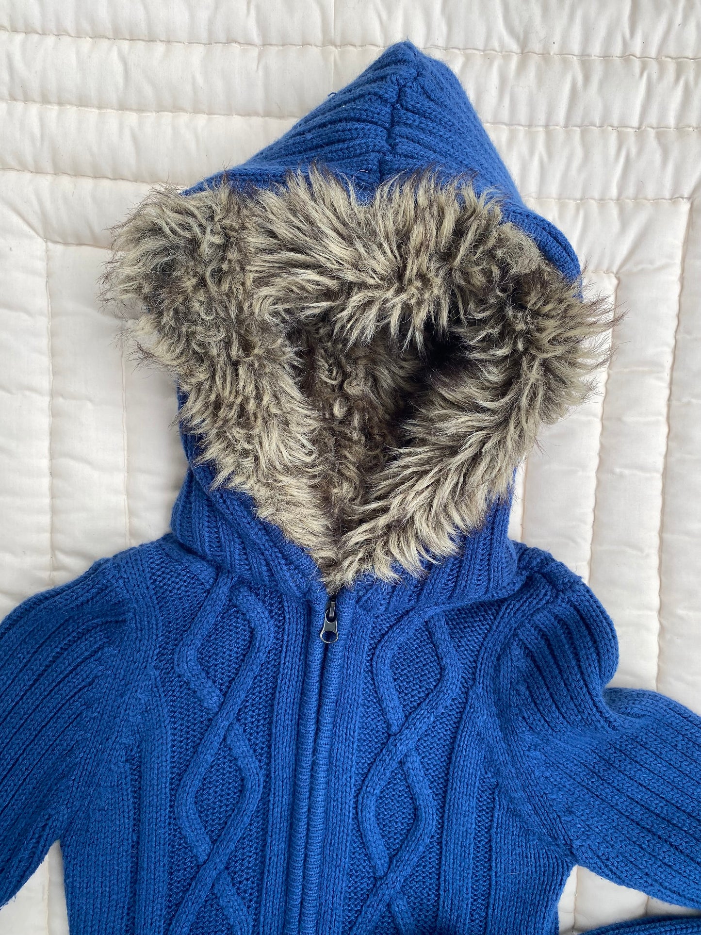 Y2K Blue Knit Sweater Jacket w/ Faux Fur Hood – Twilight Bella Swan Vibes