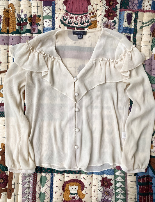 Romantic Cream Ruffle Blouse – Sheer Vintage-Inspired Button-Up