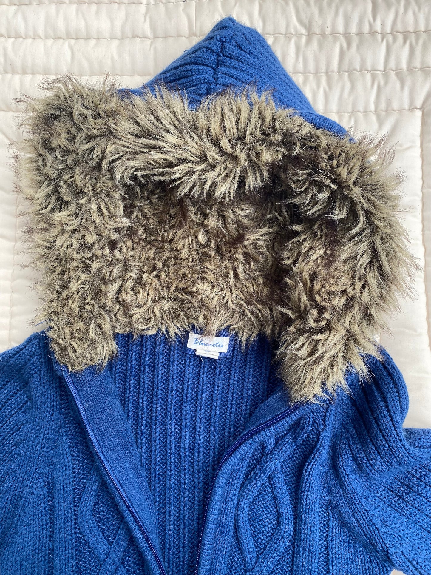Y2K Blue Knit Sweater Jacket w/ Faux Fur Hood – Twilight Bella Swan Vibes