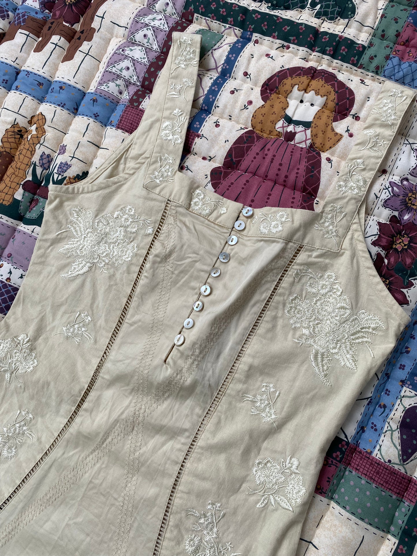 Beige Floral Embroidered Mini Dress