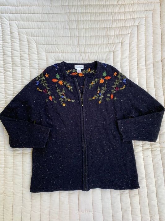 Vintage Floral Embroidered Zip Cardigan – Perfect Fall Sweater