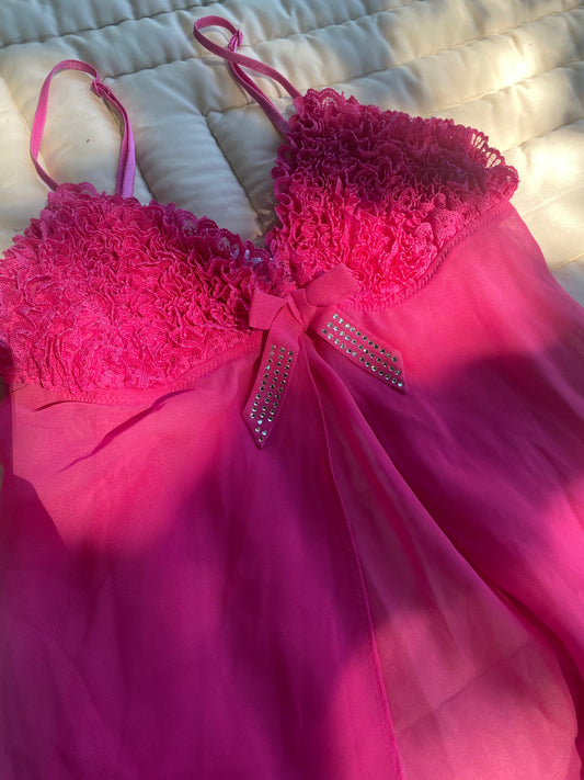 Vintage Hot Pink Sheer Babydoll Lingerie – Size Small