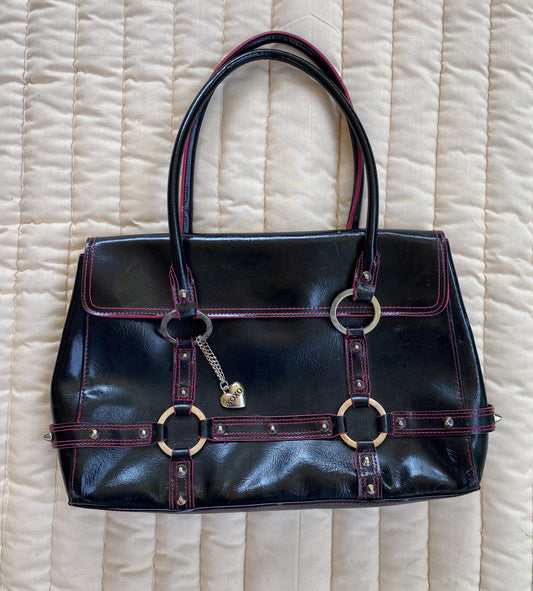 Y2K Coquette Black Tote — Pink Stitching & Heart Charm