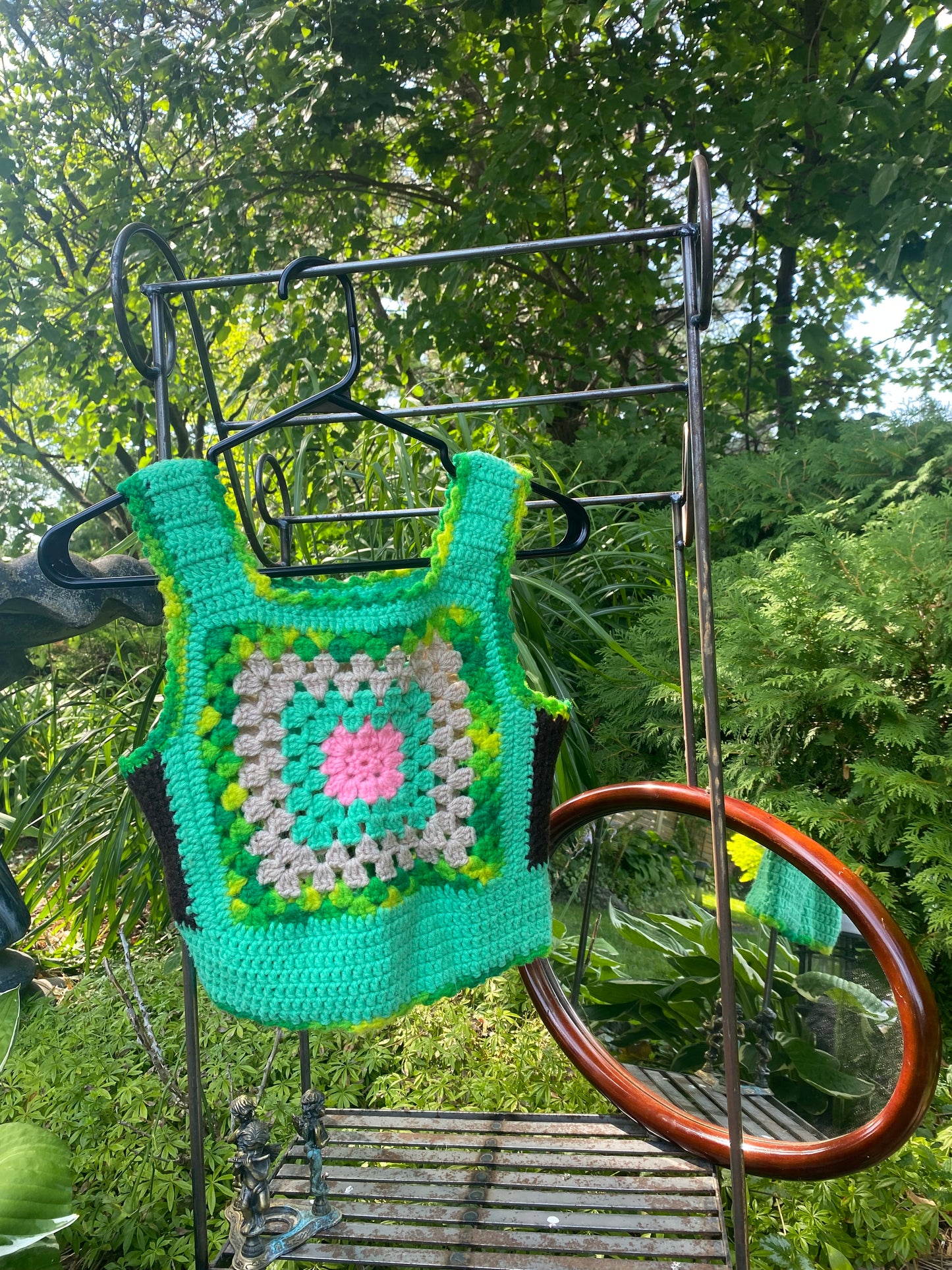 Handmade Crochet Granny Square Tank – Green & Pink Patchwork