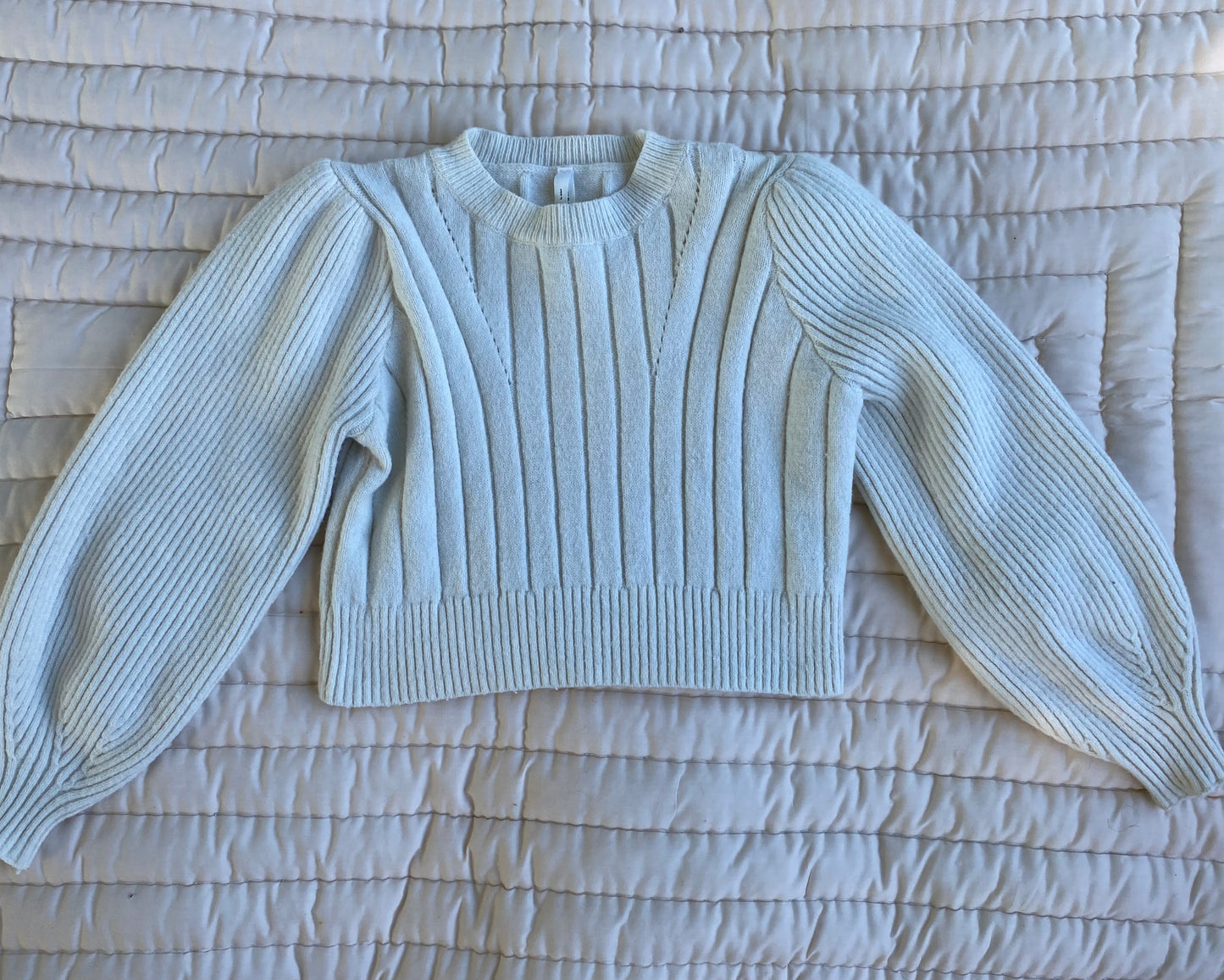Soft Cream Ribbed Puff Sleeve Sweater – Size M