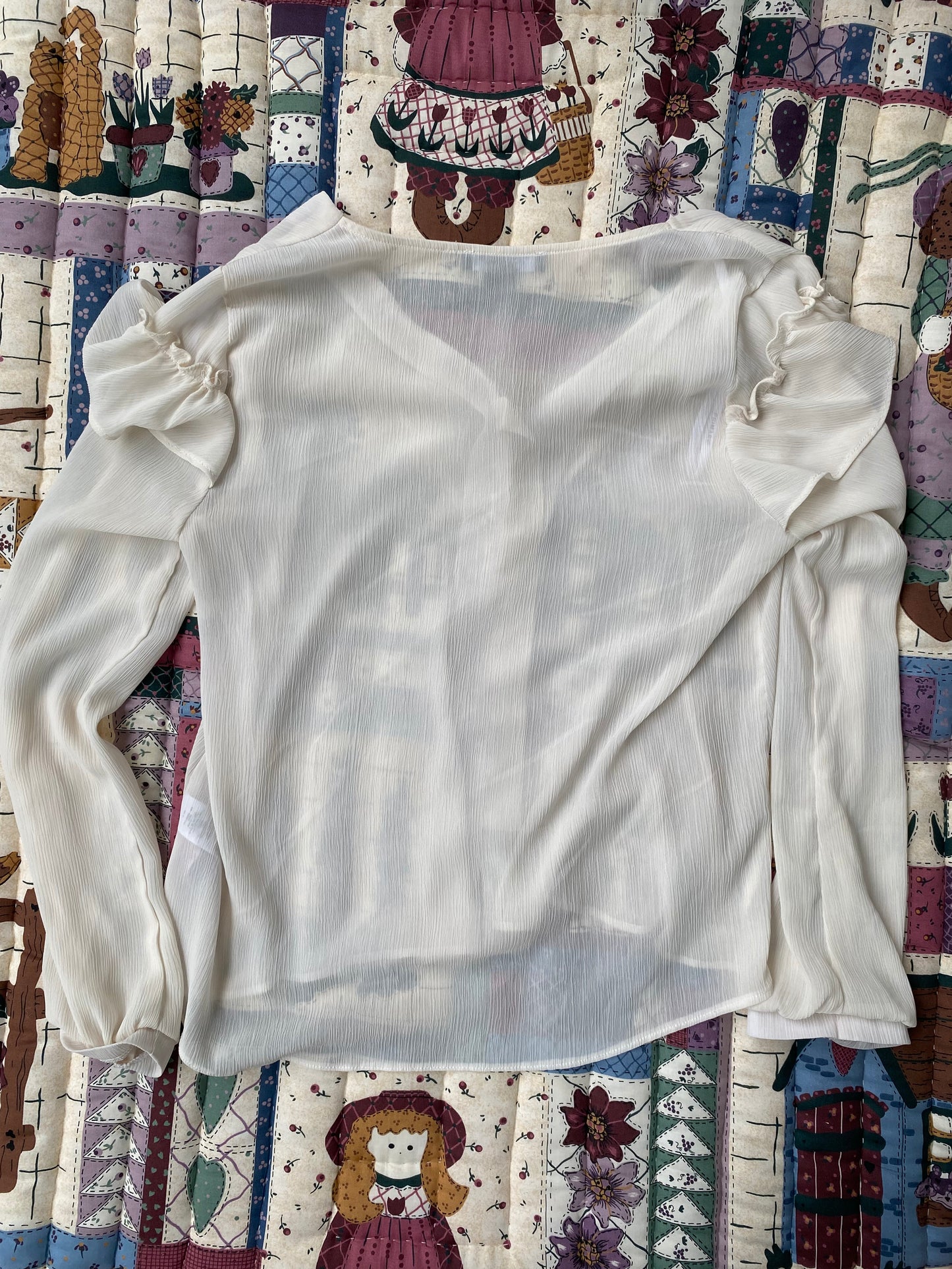 Romantic Cream Ruffle Blouse – Sheer Vintage-Inspired Button-Up