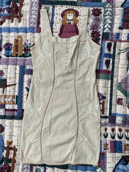 Beige Floral Embroidered Mini Dress