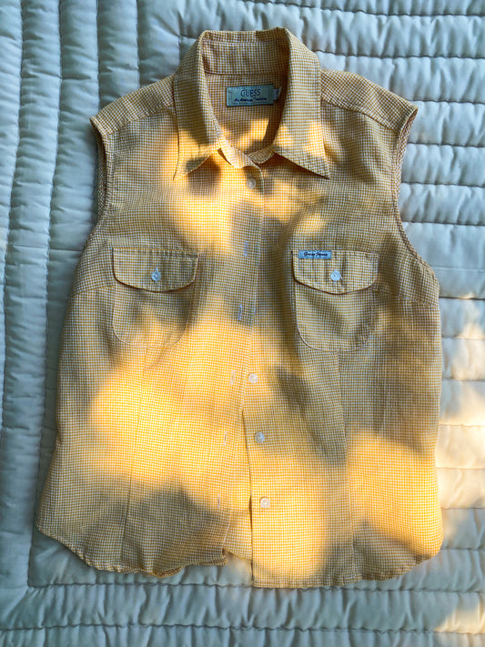 Vintage GUESS Yellow Gingham Sleeveless Top Cottagecore Y2K Button Up