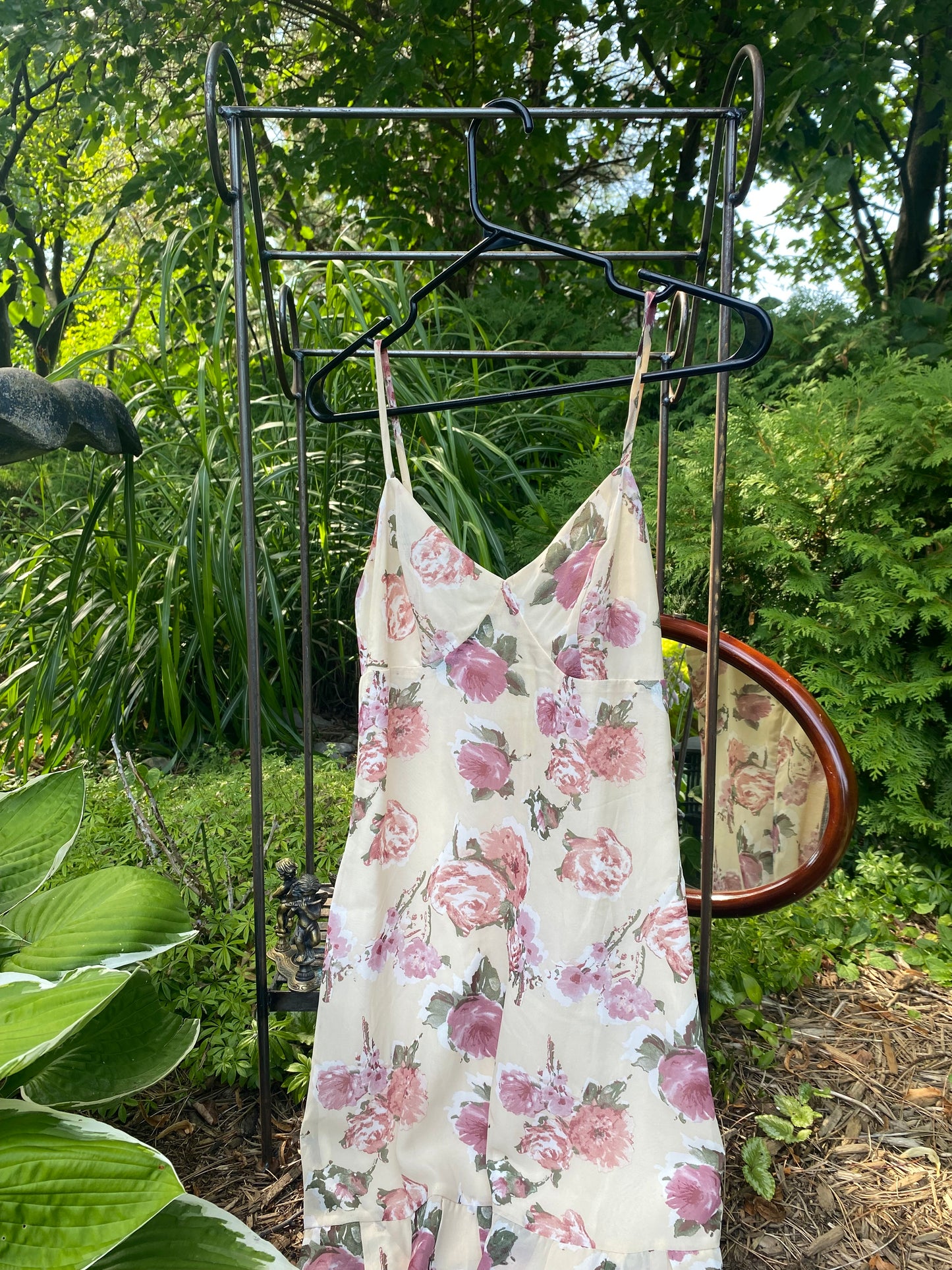 Cream Floral Ruffle Midi Dress