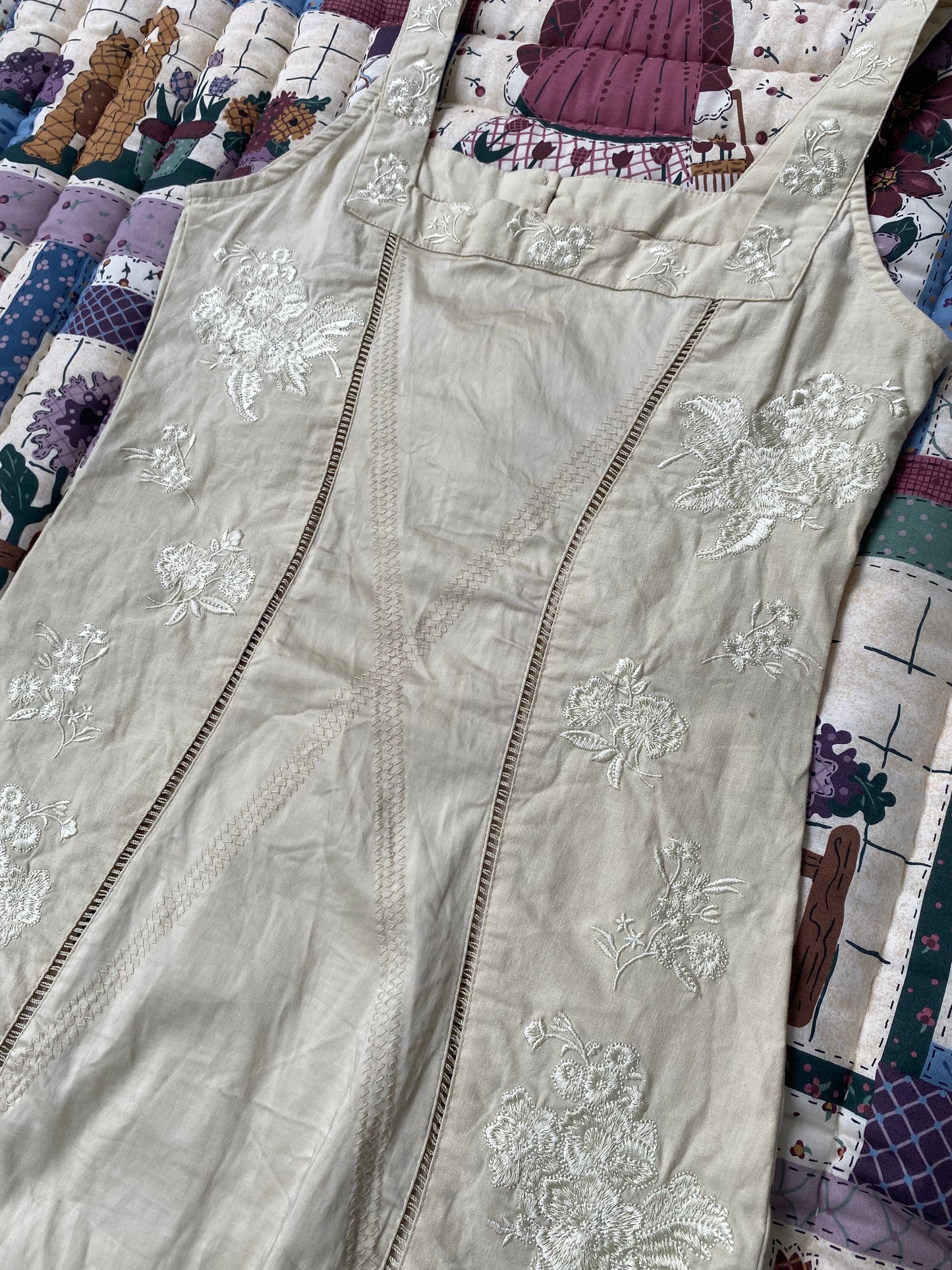 Beige Floral Embroidered Mini Dress