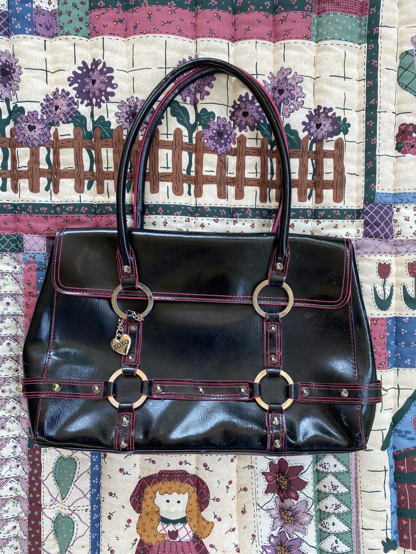Y2K Coquette Black Tote — Pink Stitching & Heart Charm