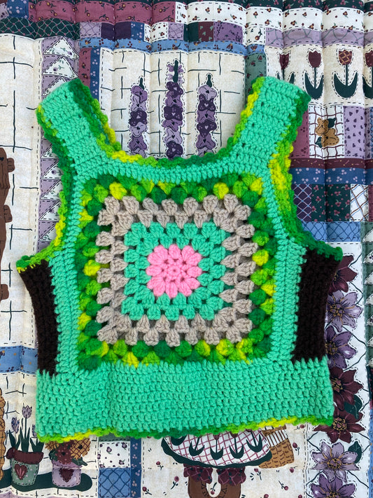 Handmade Crochet Granny Square Tank – Green & Pink Patchwork