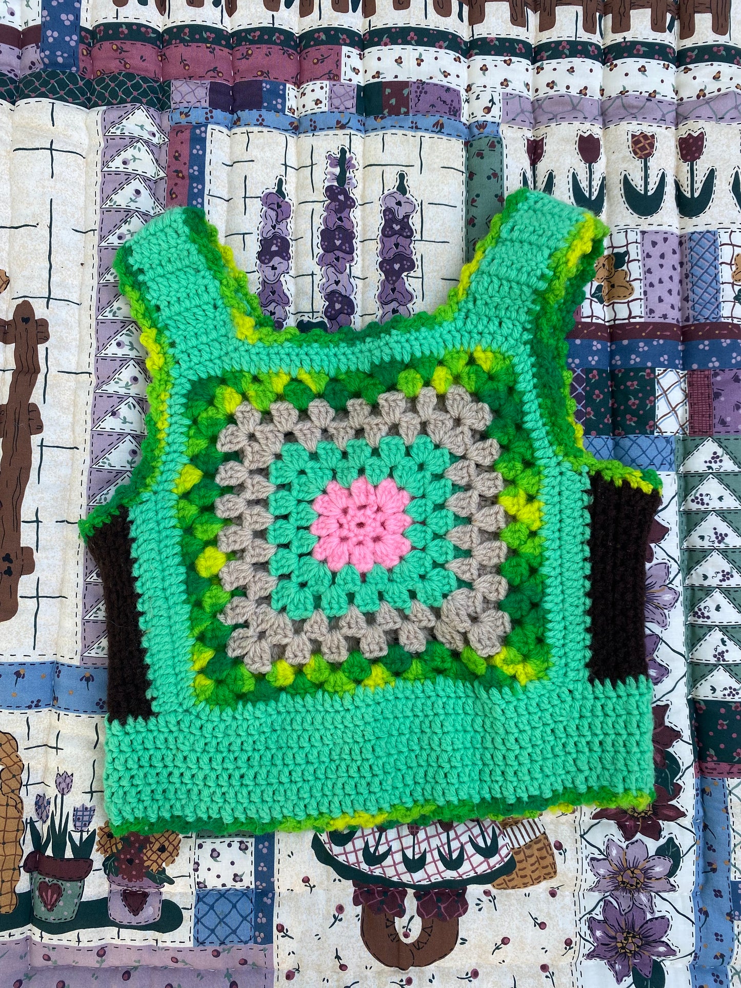 Handmade Crochet Granny Square Tank – Green & Pink Patchwork