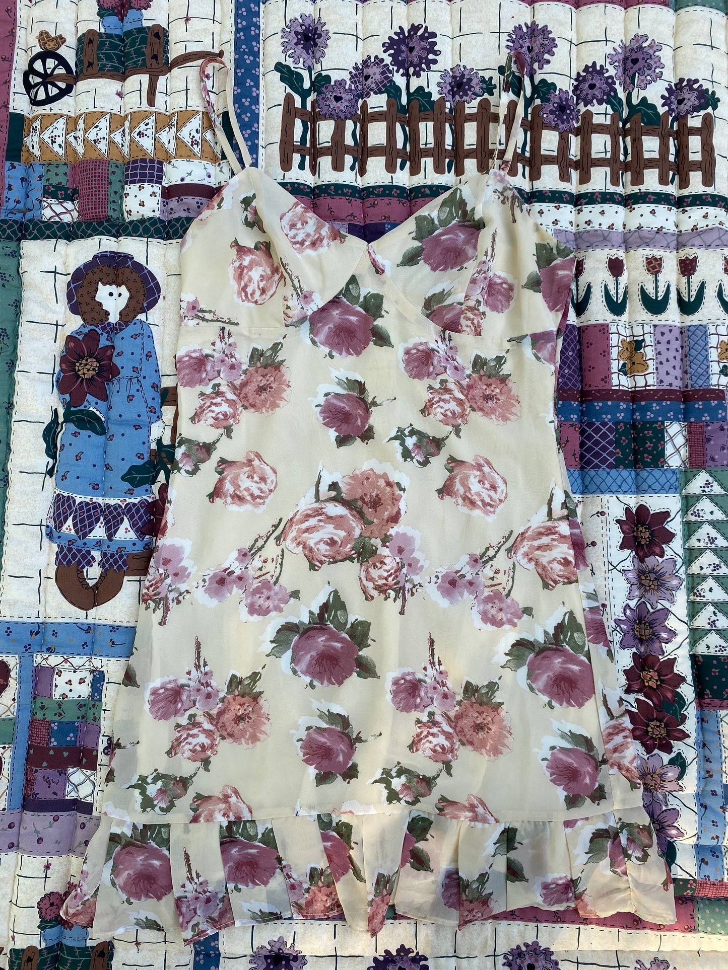 Cream Floral Ruffle Midi Dress