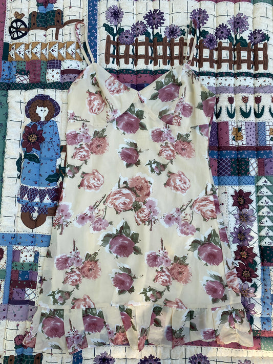 Cream Floral Ruffle Midi Dress